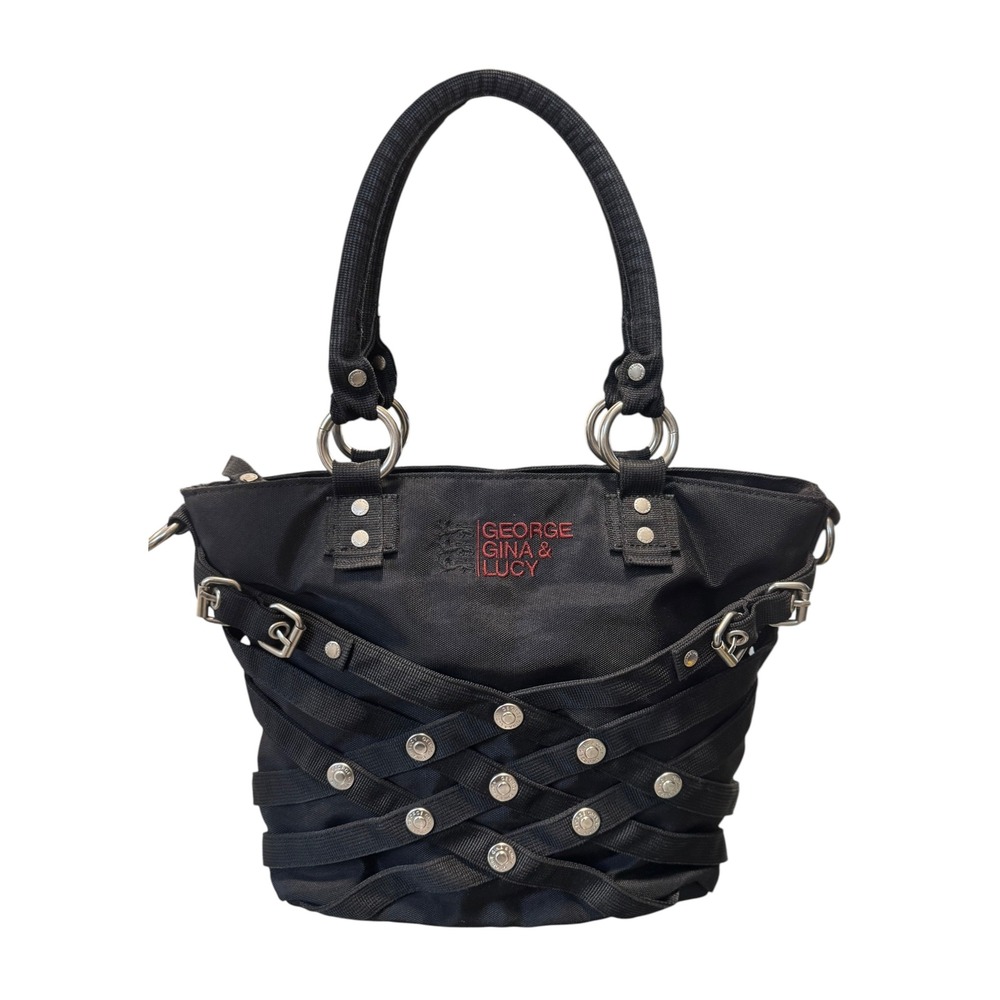 George Gina & Lucy Black Nylon Tote Bag Woven Strap Detail Silver Hardware
